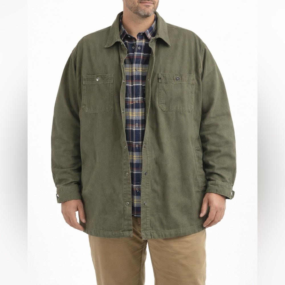 Duluth Trading Co Olive Shirt Jacket with Plaid Lining